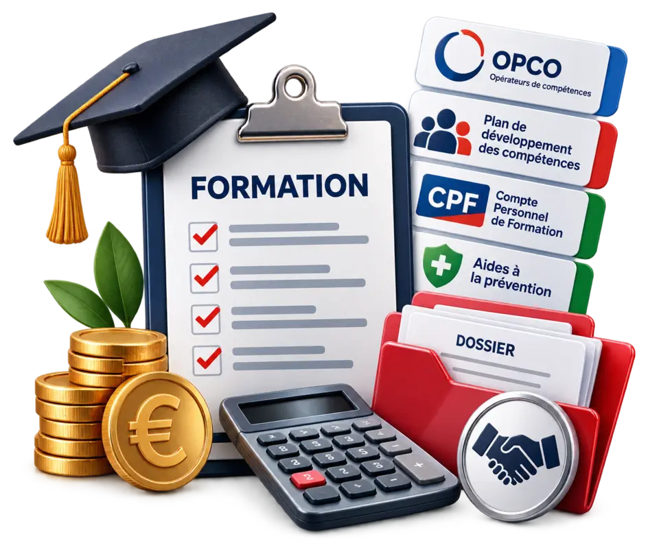 Dossier de formation, calculatrice, pièces d’euros et fiches des dispositifs de financement : OPCO, plan de développement des compétences et aides à la prévention, en volume