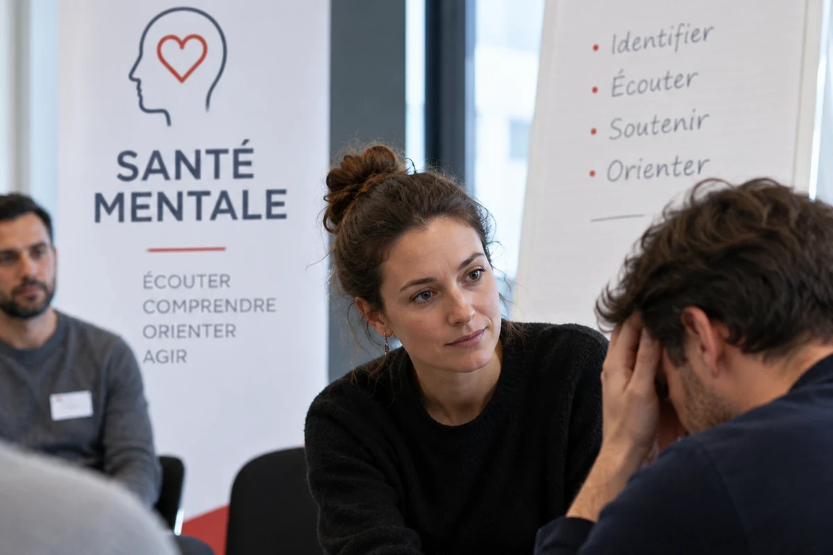 Session de premiers secours en santé mentale : une participante écoute un collègue en difficulté, devant un paperboard « Identifier, écouter, soutenir, orienter »